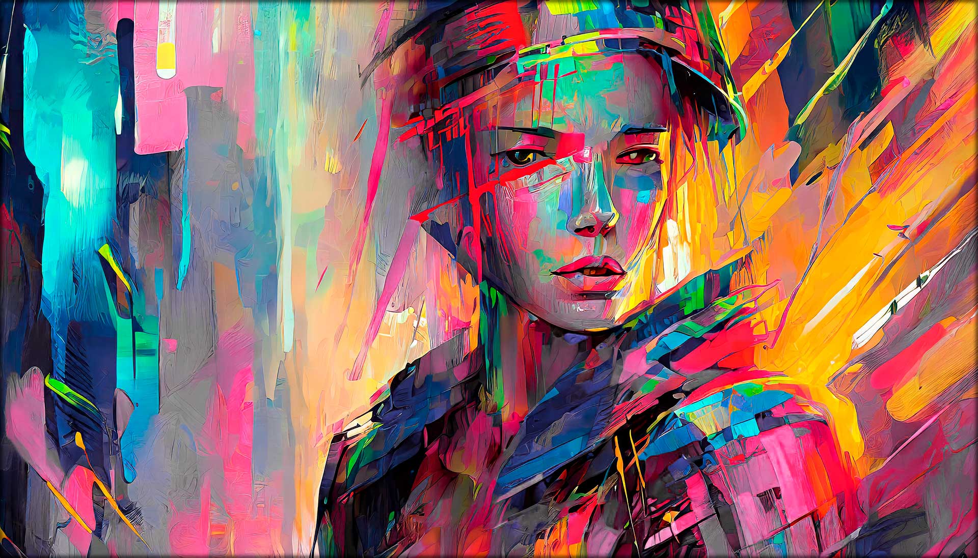 Grafisk abstrakt kunst med tydelig feltopdeling, markante linjer og begrænset farvepalette. Passer til industrielle, rå og moderne urbane hjem.