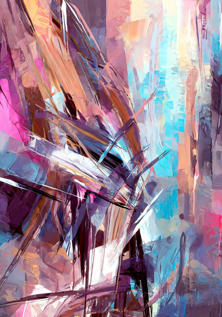 Abstrakt kunst til moderne rum med store vægge, hvor kontrast, komposition og farver skaber et tydeligt fokuspunkt